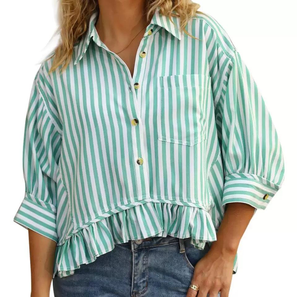 European and American women's clothing fashion commuter striped lace hem loose shirt five-quarter sleeve shirt