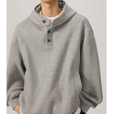 Henley Collar Button Hooded Sweatshirt Men In Autumn Winter Trendy Brand Loose Niche Design Casual Jacket