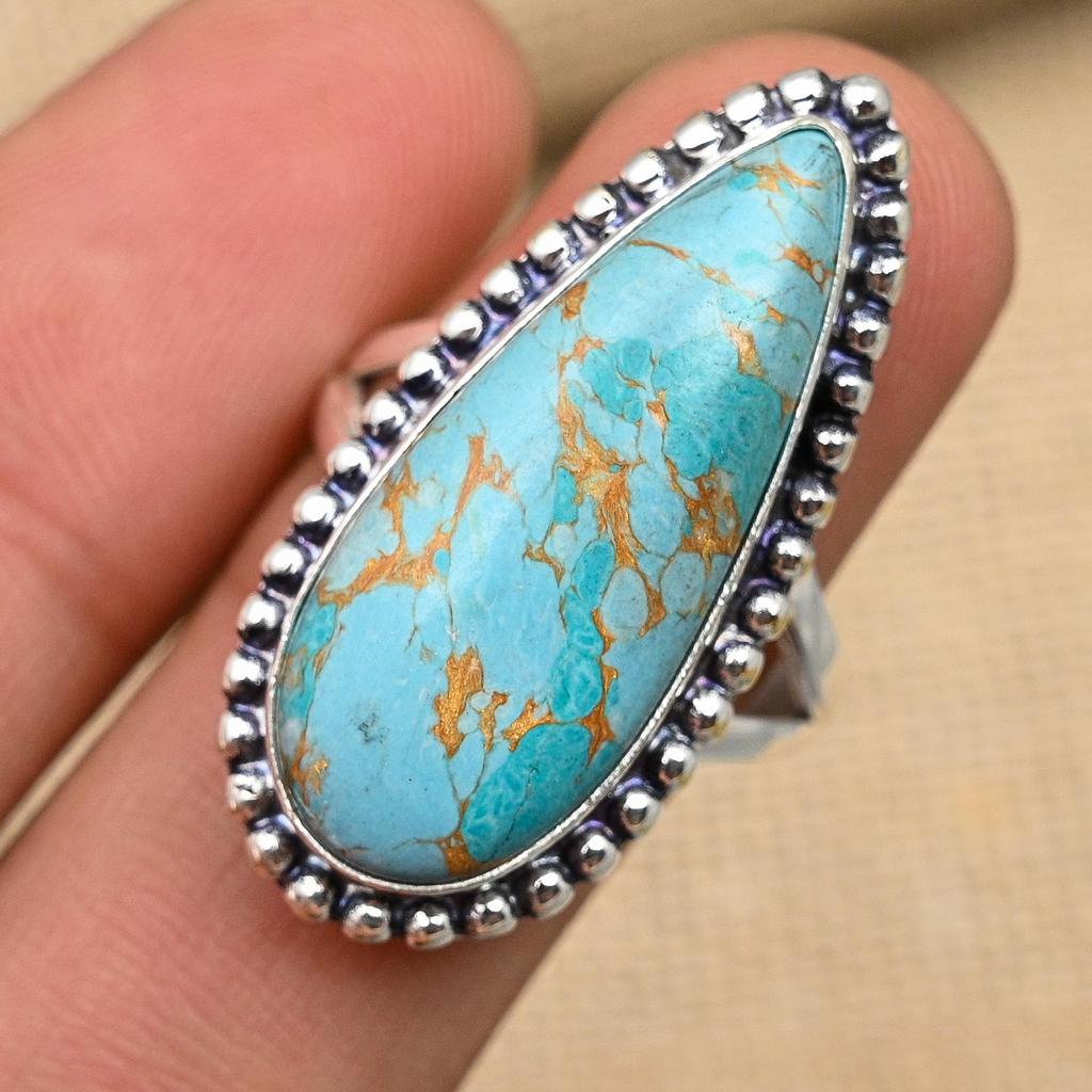 Blue Copper Turquoise Gemstone 925 Sterling Silver Handmade Ring Jewelry Beauteous Gift For Her