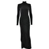 European and American Sexy Turtleneck Split Hip Dress Women's Autumn Solid Color Long Sleeve Sexy Style Long Dress Texture