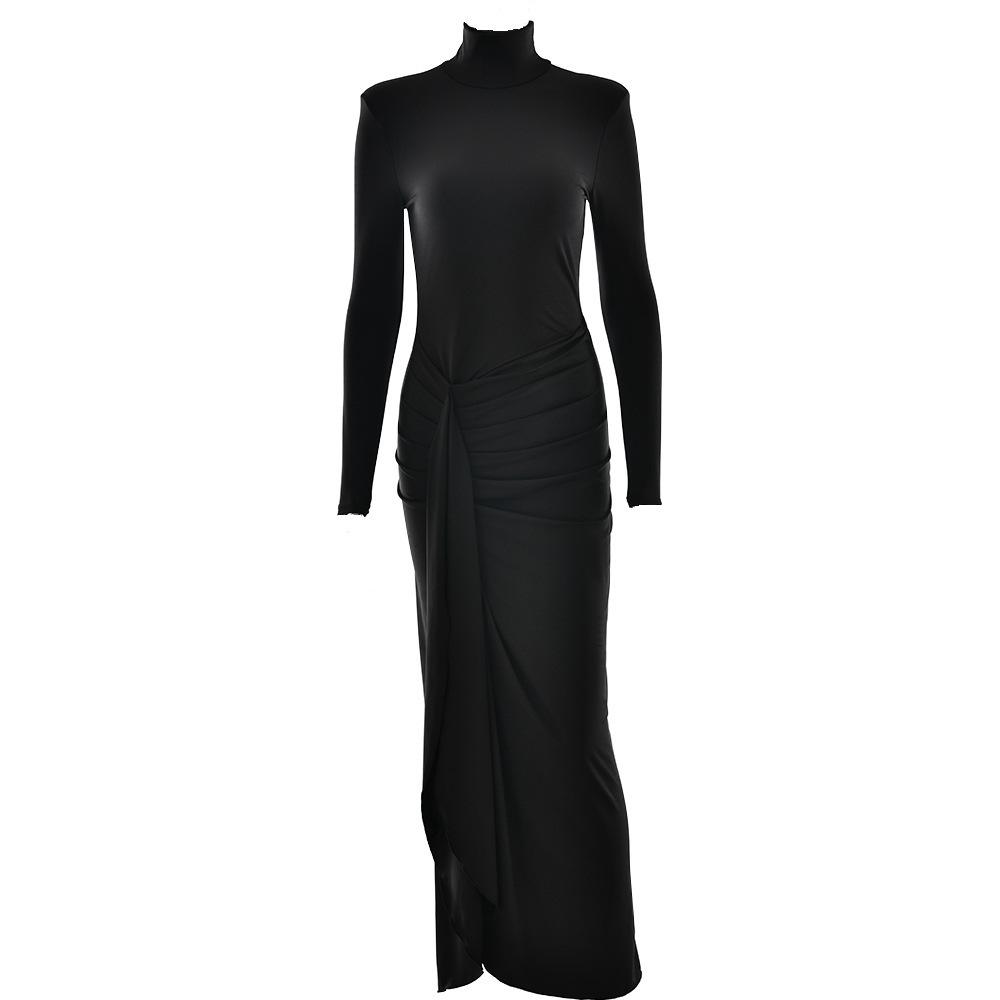 European and American Sexy Turtleneck Split Hip Dress Women's Autumn Solid Color Long Sleeve Sexy Style Long Dress Texture