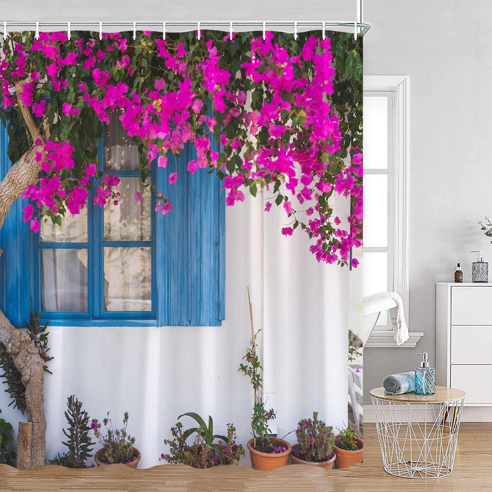 Greek Town Shower Curtain Greek Street View Sea View Blue Door Greece Scenery Bathroom Curtain Flower Plant Bath Decor with Hook