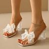 Fashion Lace Pearl Bowknot High Heel Slippers for Women Summer Square Toe Transparent Heeled pvc Sandals Woman Fashion Party Dress Shoes