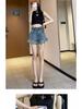 2025 Women's Black High-Waist A-Line Denim Shorts - Sexy, Slimming, Loose Fit, Wide Leg