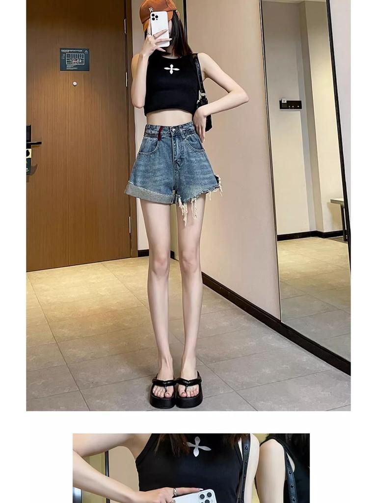2025 Women's Black High-Waist A-Line Denim Shorts - Sexy, Slimming, Loose Fit, Wide Leg
