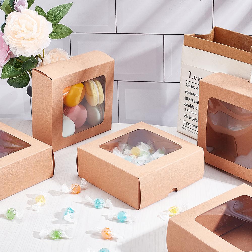 10sets Folding Kraft Paper Cardboard Jewelry Gift Boxes with PVC Visible Window Square BurlyWood Finished Product: 13x13x5cm