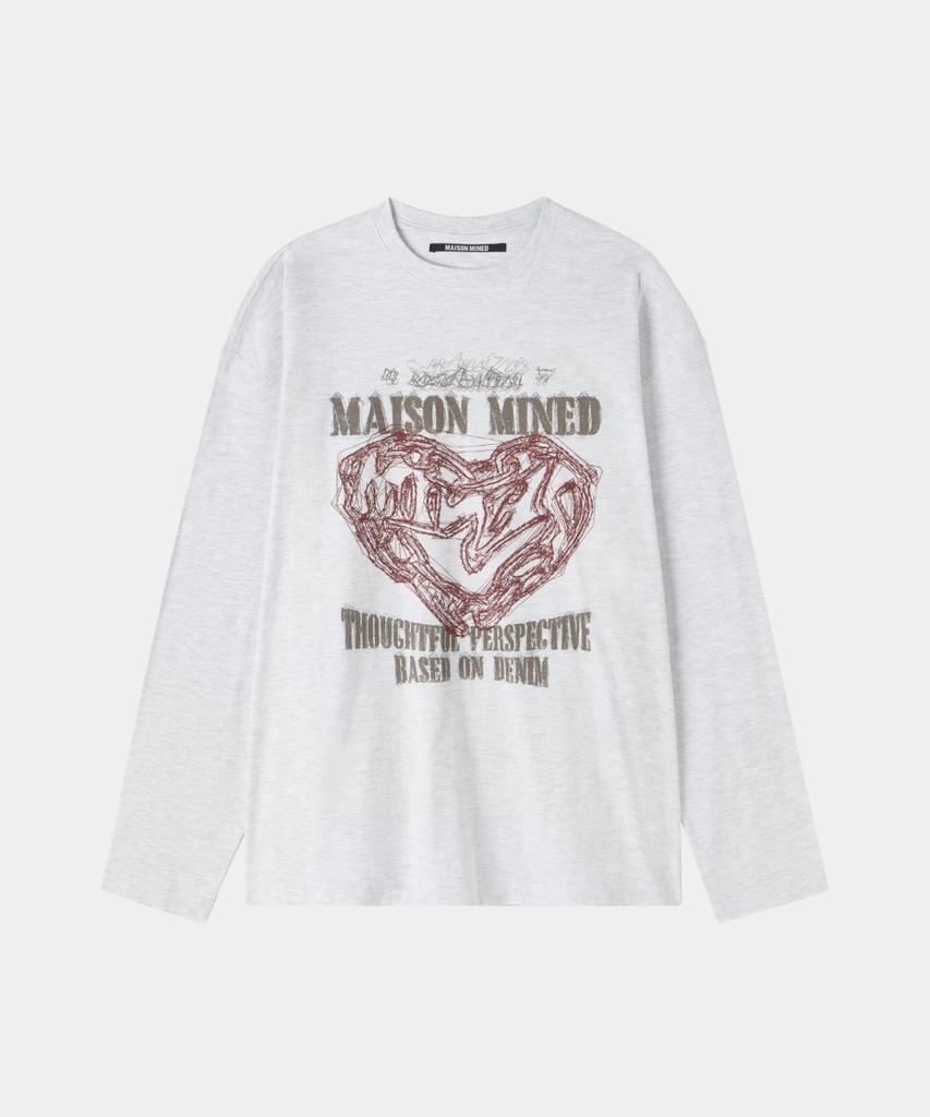 MAISON MINED Doodle Heart Long Sleeve Melange White