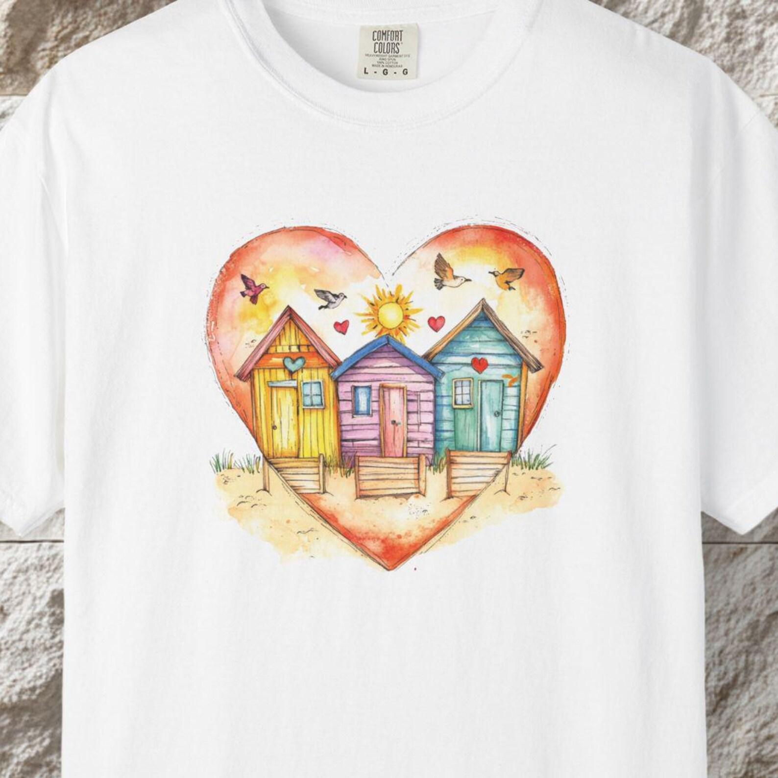 Heart Beach Huts T-Shirt, Romantic Coastal Art Tee XL