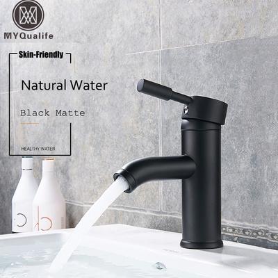 Mat Siyah Tek Kolu Soğuk Sıcak Su Lavabo Bataryası Banyo Dolabı Bataryası Sade Lavabo Bataryası Tezgah Üstü Montaj