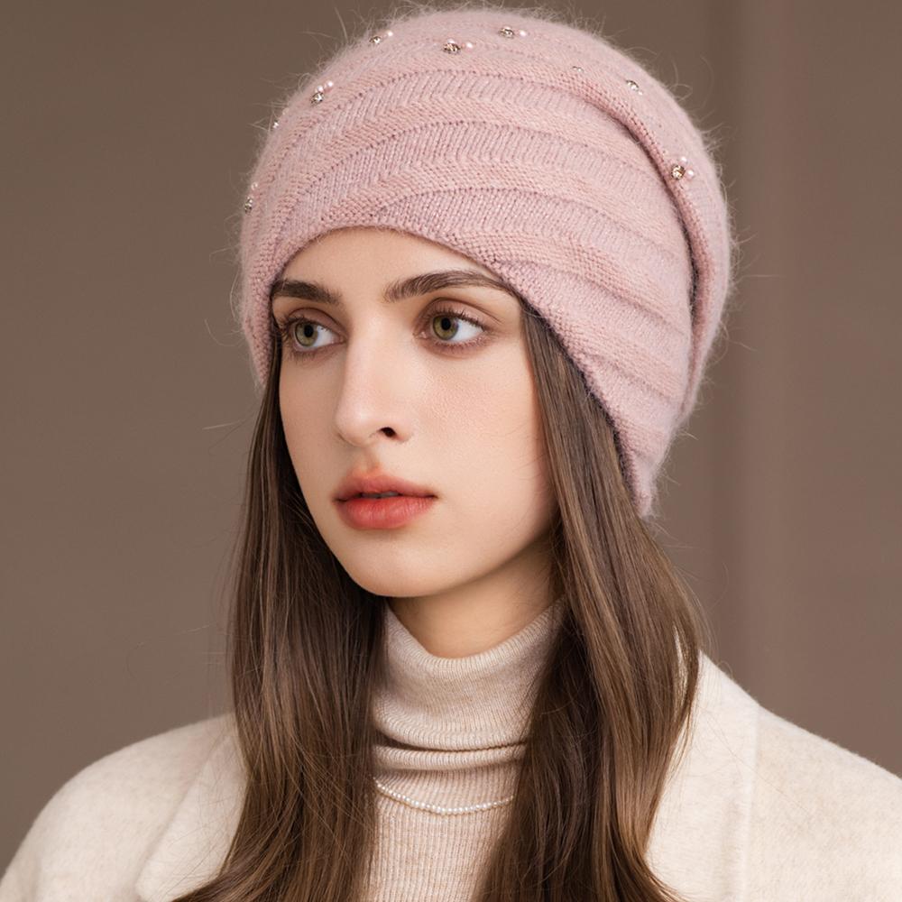 New Women Winter Hat Decorate Beanie Hat Circular Winding Style Rabbit Fur Blend Warm Winter Cap Y2K Female Outdoor Knitted Hat