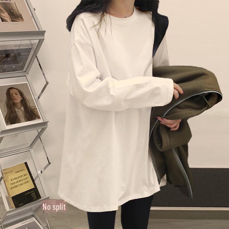White Long-Sleeve Cotton Sweater Tunic for Women - Mid-Length, Velvet-Lined, Butt-Covering. Perfect Autumn/Winter Layer.