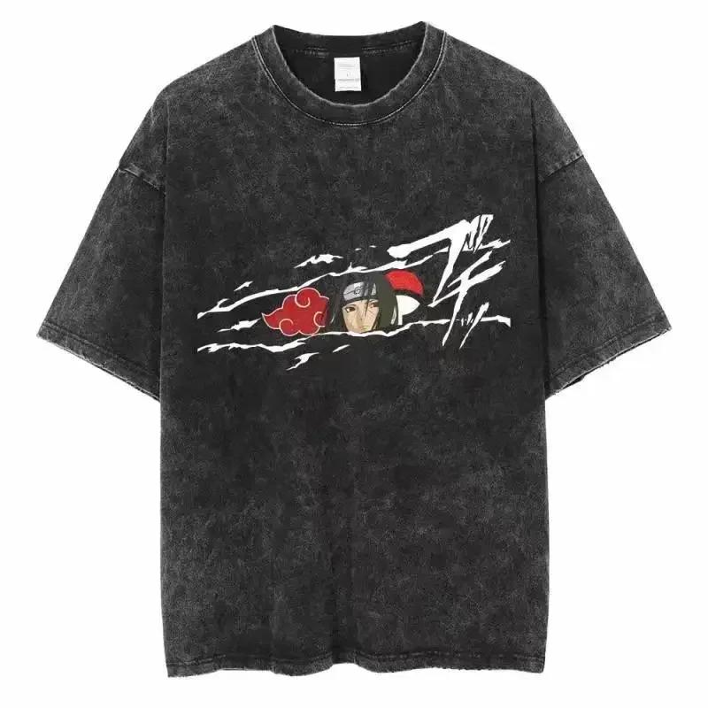 Baumwolle Herren Vintage Japan Anime Print Oversize T-Shirt Streetwear Harajuku Sommer Schwarz Kurzarmhemd Locker Baumwolle Oberteile T-Shirts
