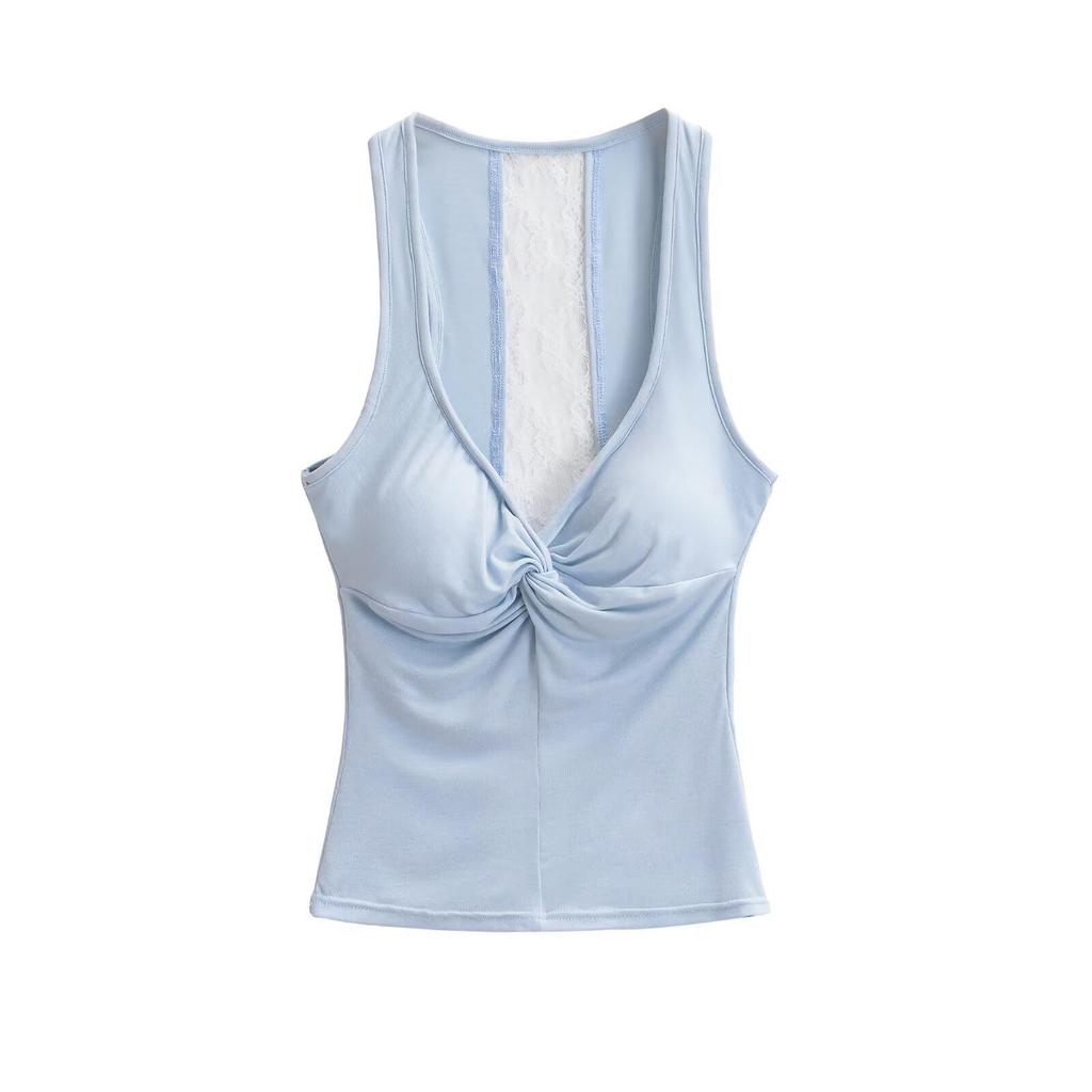 Twisted Back Lace Patchwork Blue Spaghetti Strap Tank Top for Women - Summer Sleeveless Top, Multicolor.