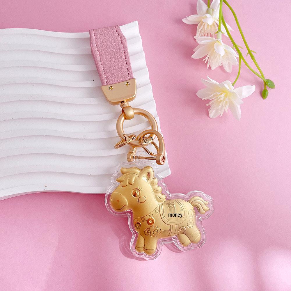 Golden Zodiac Horse Keychain - Cartoon Ornament for Car or Couple. Versatile and Cute Pendant for Prosperity.