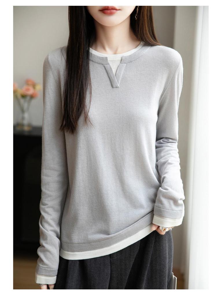 Women's 2025 Autumn/Winter Round Neck Two-Piece Look Wool Knit Long Sleeve Versatile Pullover Sweater Top