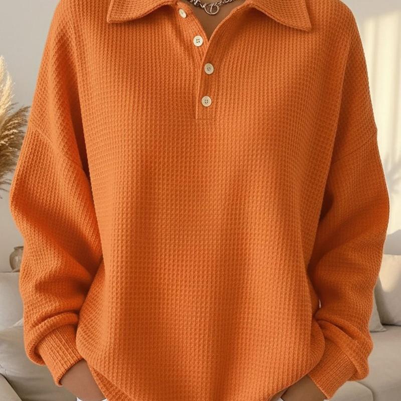 Women's Polo Collar Waffle Knit Long Sleeve Top Loose Fit Casual Pullover