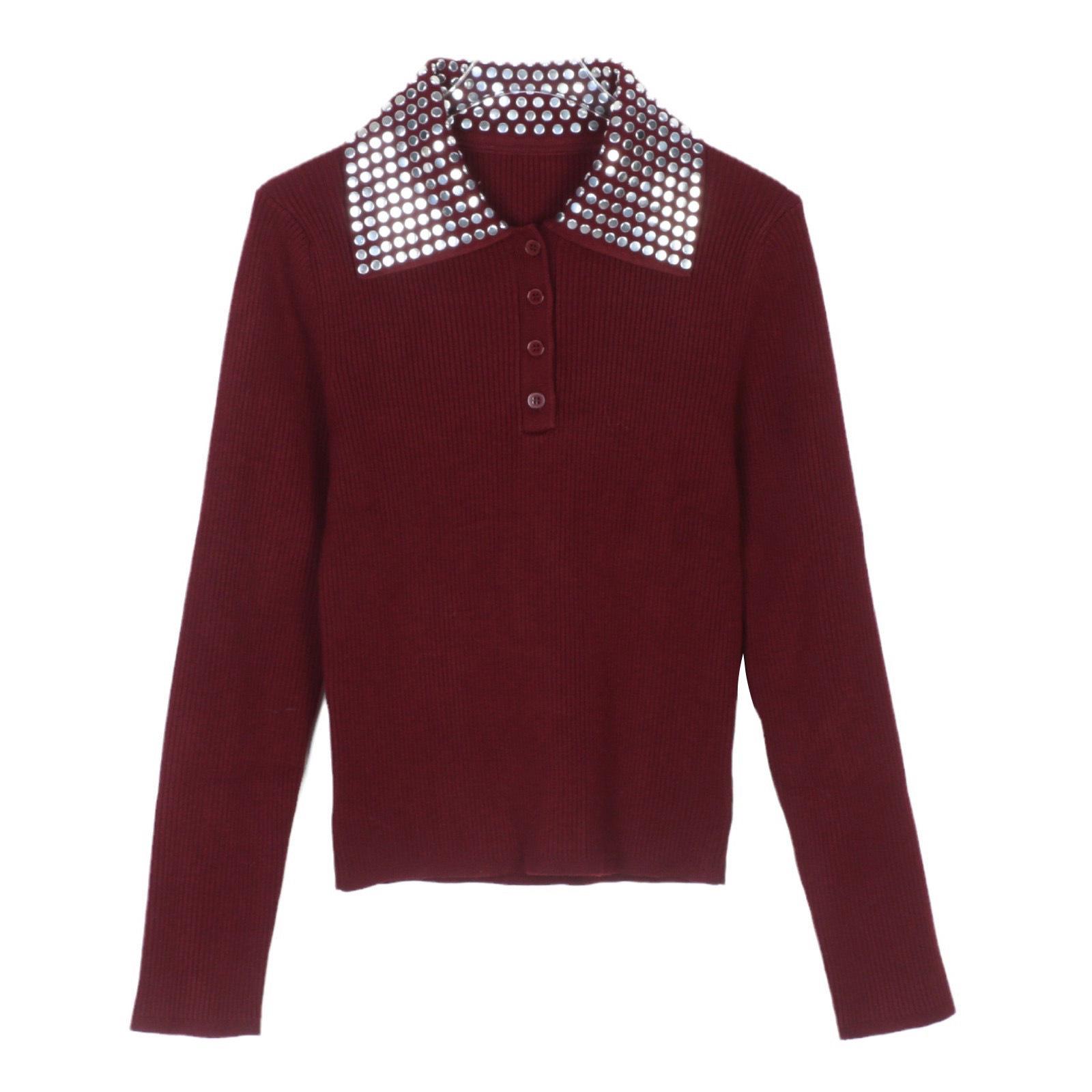 

S Family 2024 Autumn/Winter Wine Red Lapel Diamond Knit Top Small