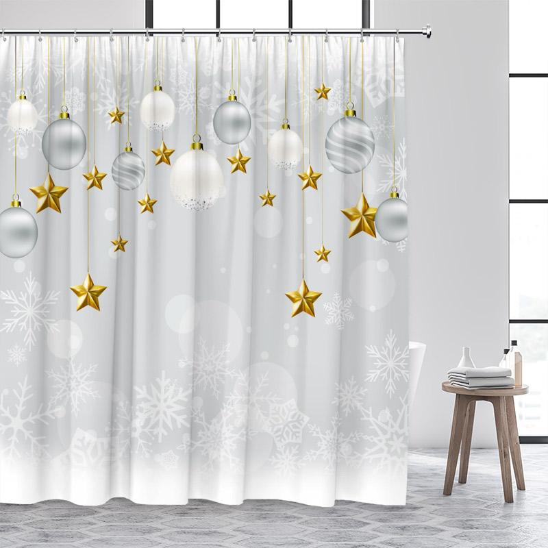 Pink Christmas Shower Curtain Xmas Balls Gold Stars Snowflakes New Year Home Bathroom Decor Bath Curtains Washable with Hooks