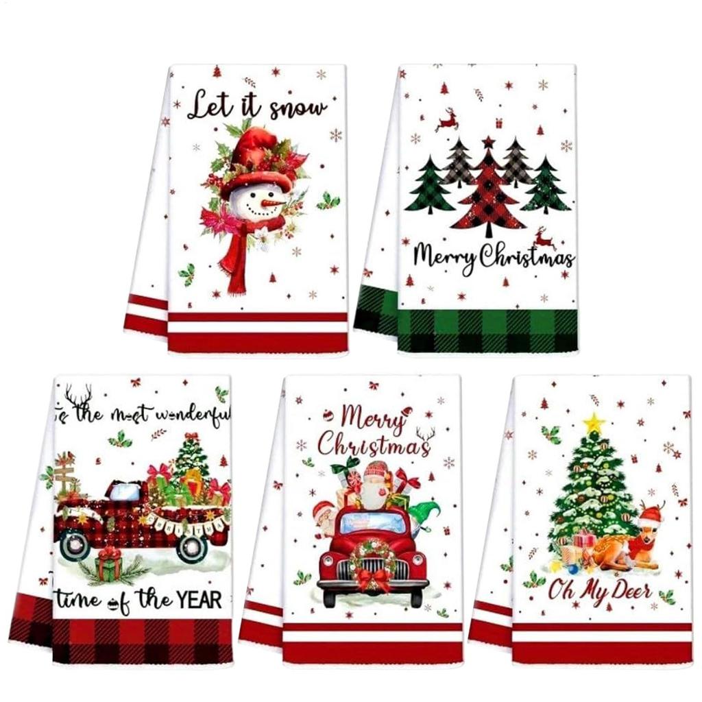 5 Stück Weihnachts-Küchentücher Festliches Geschirrtuch Weihnachtsmann Elch Schneemann Wichtel Weihnachtstücher für Feiertagsparty Zuhause Essen