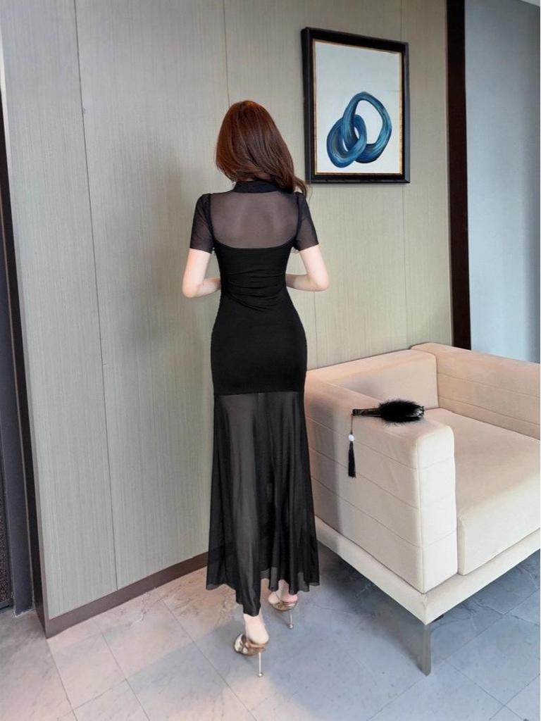 Women's Nightclub Foot Massage Technician Dress - Mesh Stitching Hip-Wrap Design