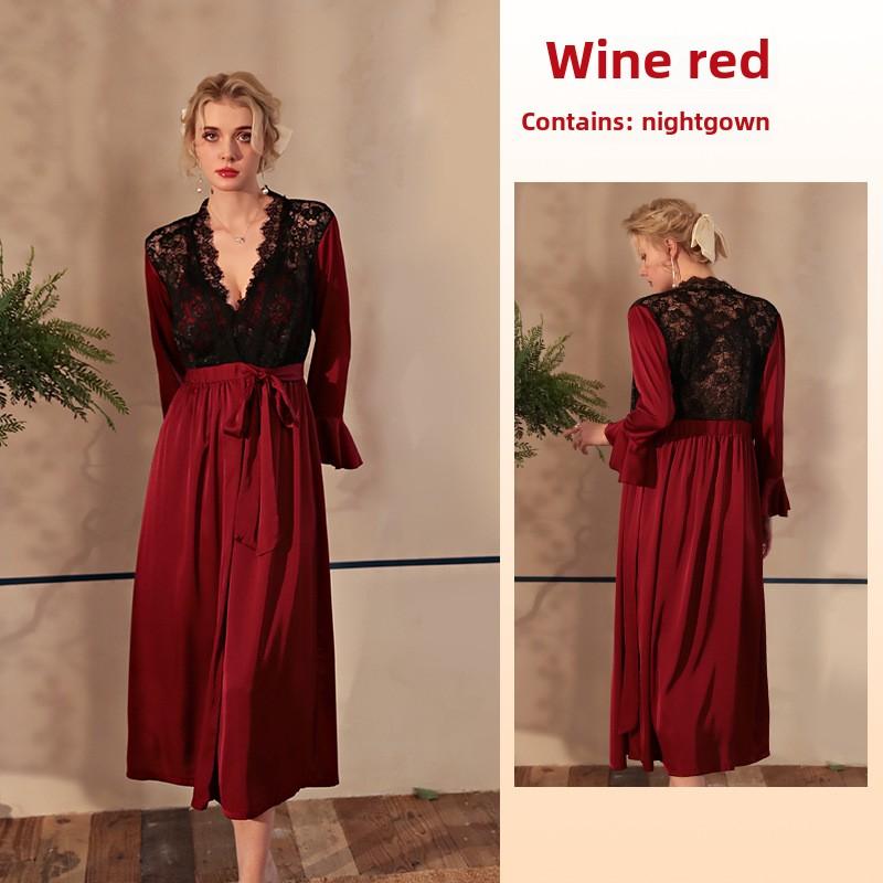 Satin Pajamas Women's Sexy Lace Light Luxury Long-sleeved Cool Nightgown Bathrobe Loungewear