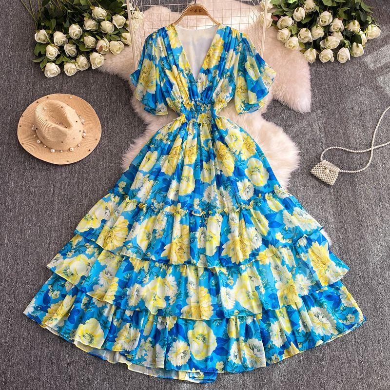 

Palace Style Noble Elegant Graceful Women s Clothing 2024 Summer Ruffles Fairy Chiffon Print Holiday Dress Women Blue bottom Print One size