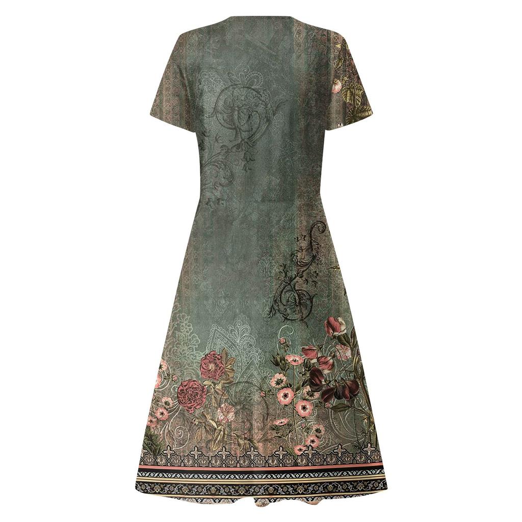 Women's Summer Casual Fashion Print Pocket Short Sleeve V-Neck Swing Dress