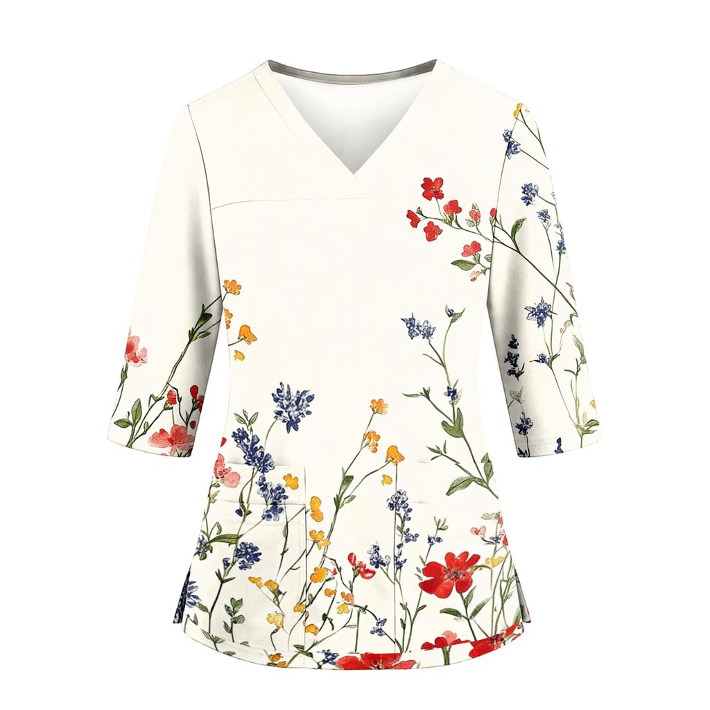 Women's Floral Print Scrub Top with V-Neck, Pockets, Side Slits and 3/4 Sleeves