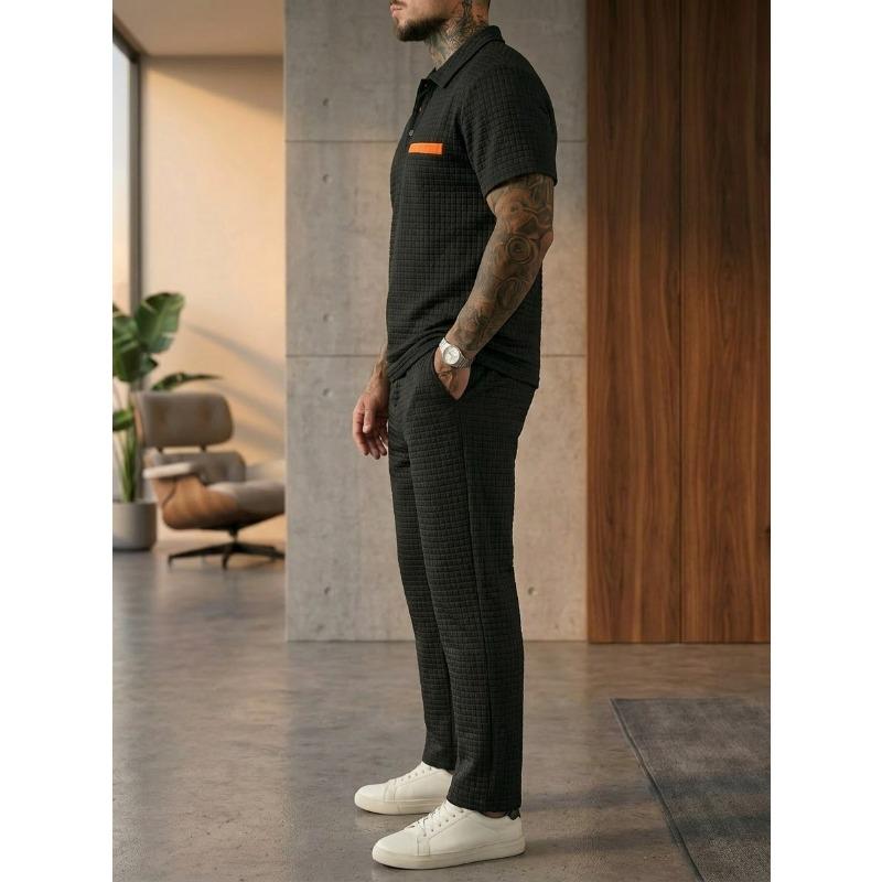 Solid Waffle Mens Casual Short Sleeve Polo Shirt And Long Pants Set