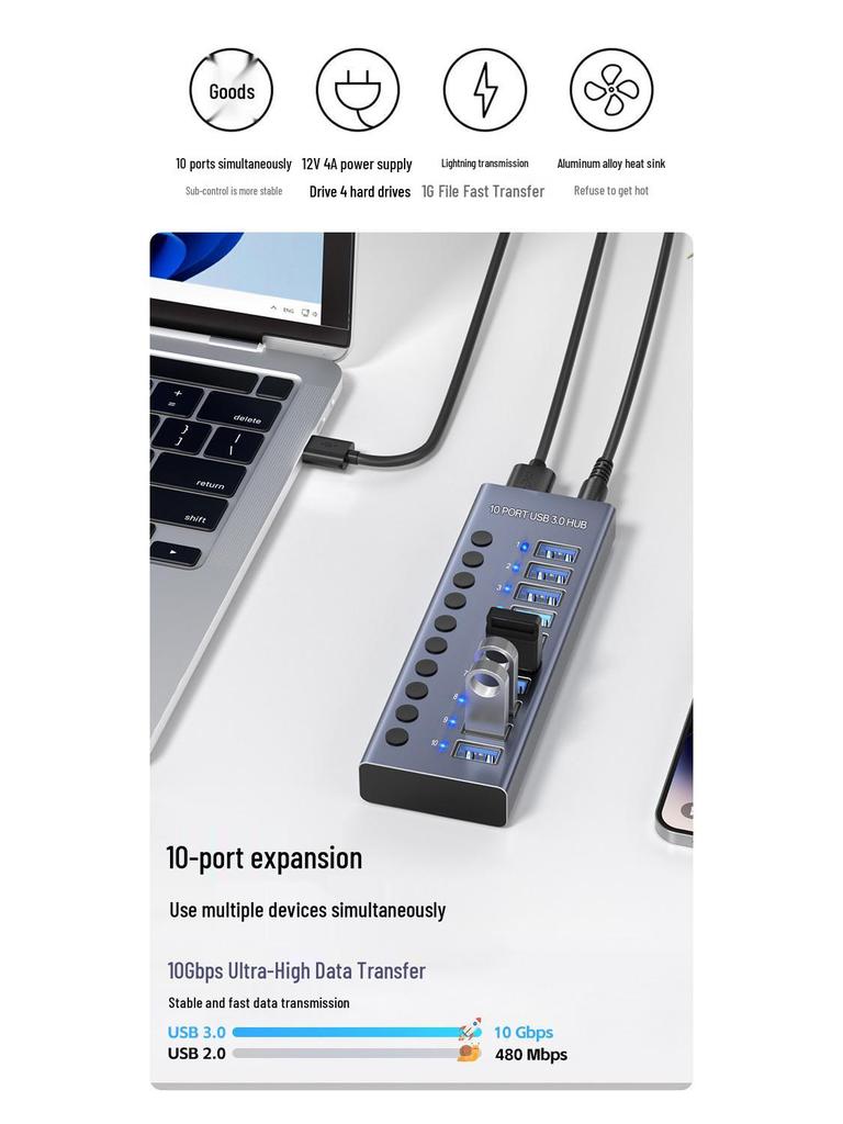 USB 3.0 Hub with Switch PD, Fast Charging Docking Station for Apple, iPhone 7, Xiaomi, Huawei.