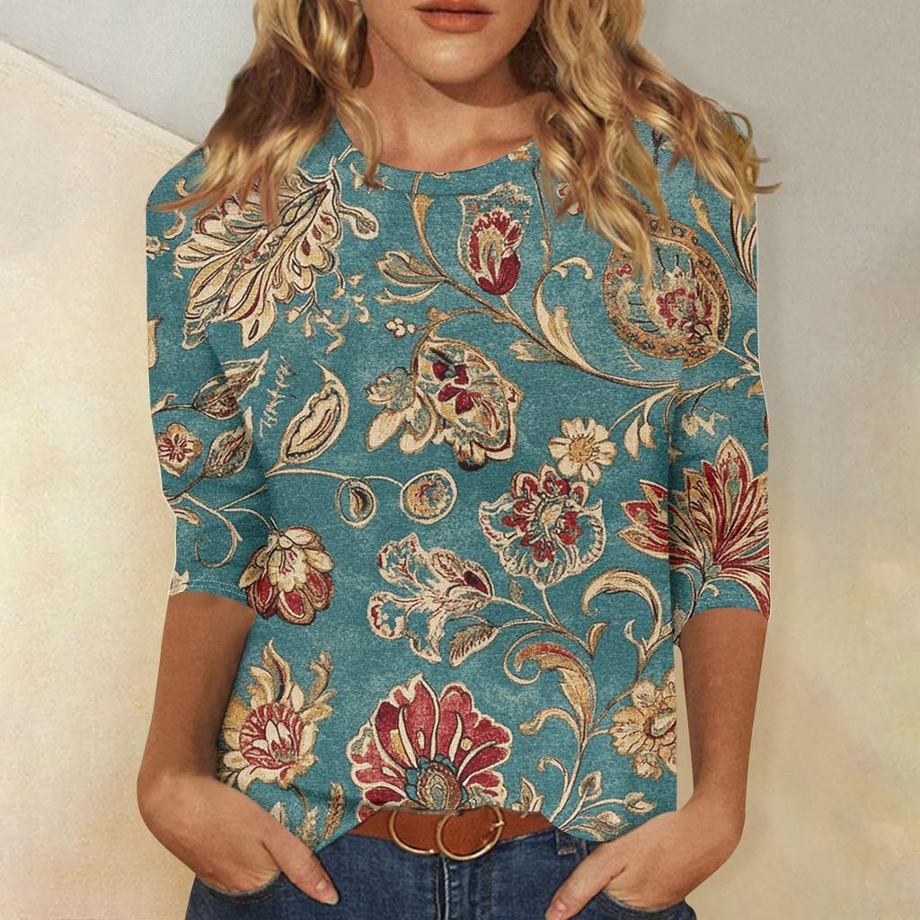 Women's Fashion Casual Seven Sleeve Vintage Printed Round Neck T-Shirt Top