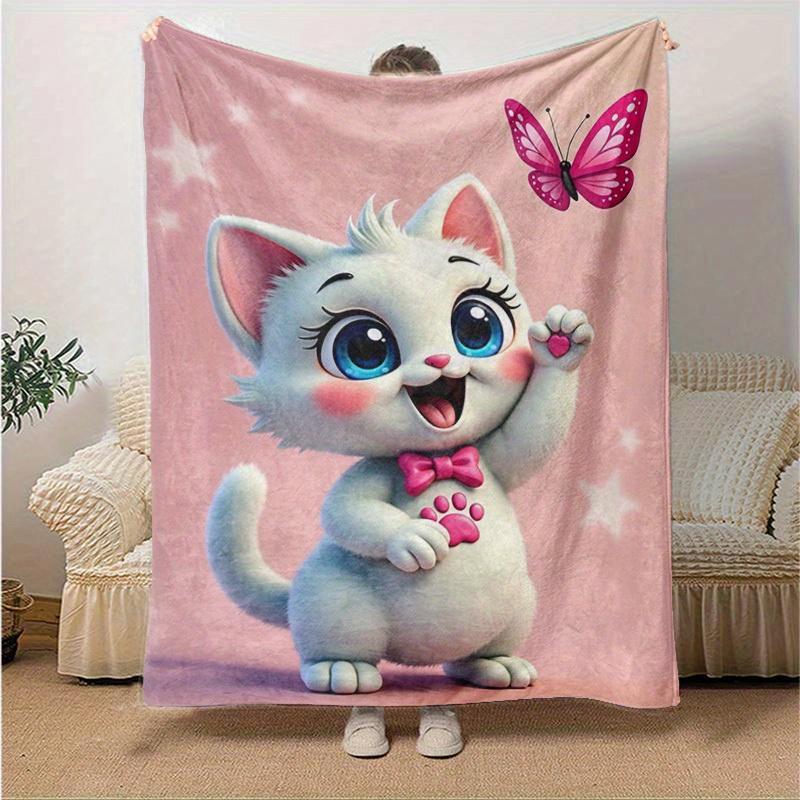 1pc Cute Cartoon Marie Cat with Butterfly Pink, for Decorating Your Own Sofa and Living Room, Super Soft Flannel, for All Season Use, Bed, C
