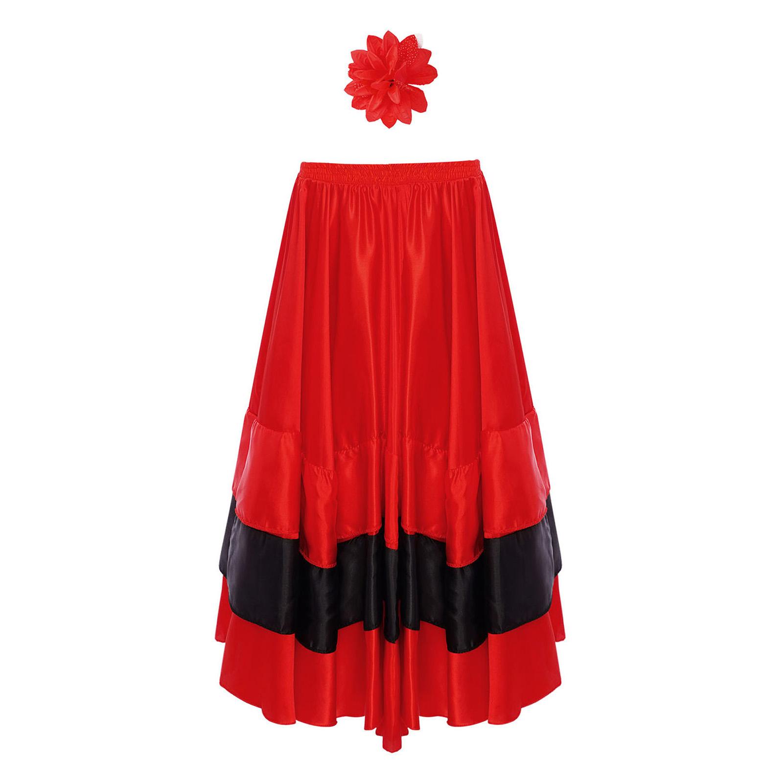 Children Girls Flamenco Dance Spanish Paso Doble Latin Ballroom Performance Outfit Lace Tube Top with Wide Hem Skirt Headwear 120