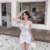 Autumn and Winter New Celebrity Low-cut Elastic Fringed Splicing Suspender Irregular Hip-wrapped Short Primer Dress