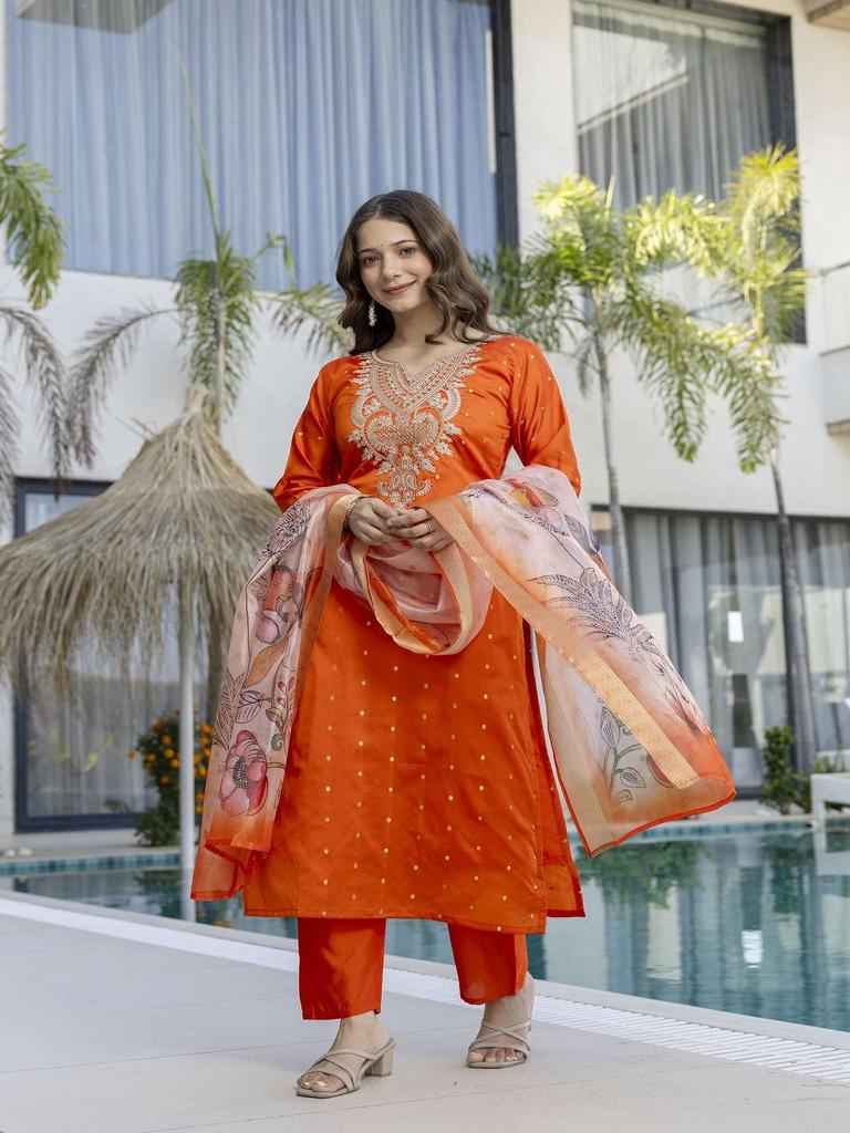 Orange Kurta Set for Women Embroidered Ethnic Suit with Dupatta Festive Wear