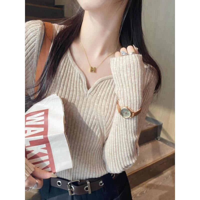 Autumn Winter Fashion Long Sleeved Pullover Sweater Women V Neck Loose Casual Bottoming Shirt 2025 Inner Knitted V-neck Top Solid Clothing