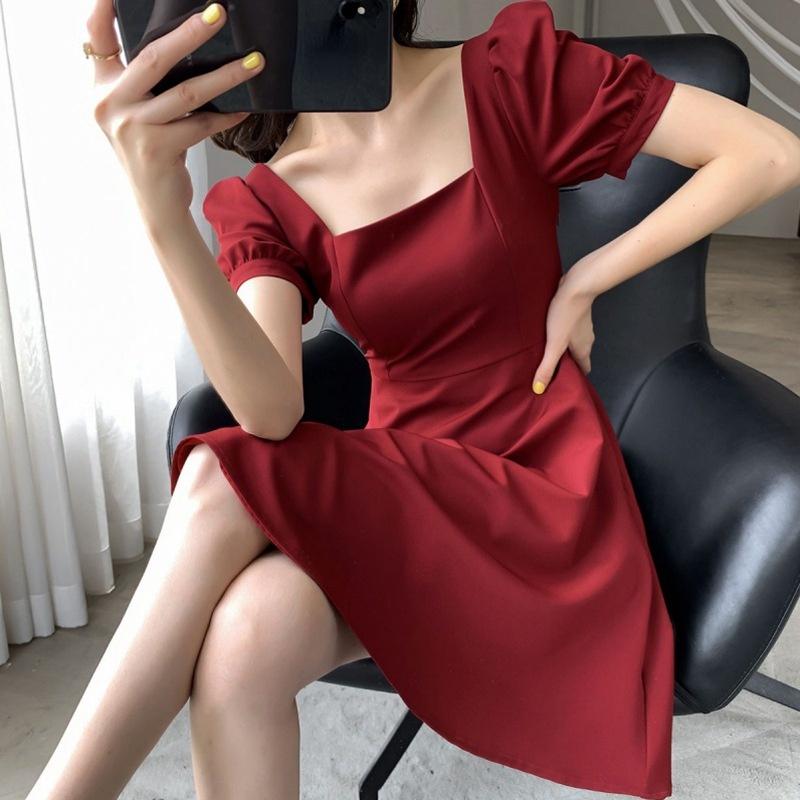 Square Neck Retro Short Sleeve Women Dress  Fashion Summer Elegant Female Basic Bodycon A Line Dresses