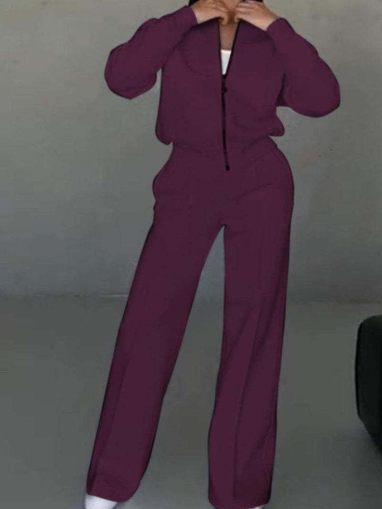 Conjunto de chándal para mujer de color beige claro con cremallera y pantalones de pernera ancha, atuendo deportivo casual