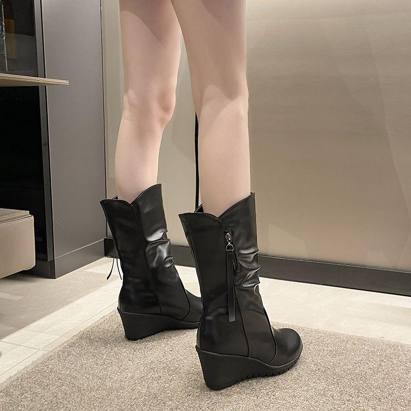Fashion Black Leather Elegant Heeled Warm Mid Calf Shoes Woman Autumn Winter 2025 Novelty Trend Y2k Round Toe Half High Boots for Women