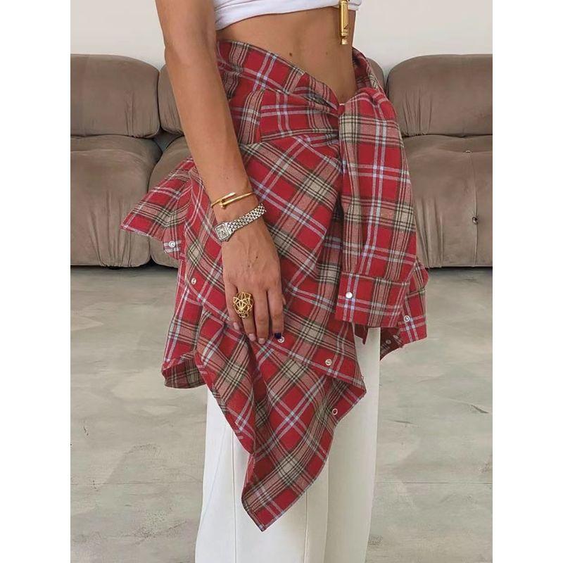 European and American Retro Plaid Lapel Long sleeve Loose Shirts Plaid Lapel Loose Fitting Shirt