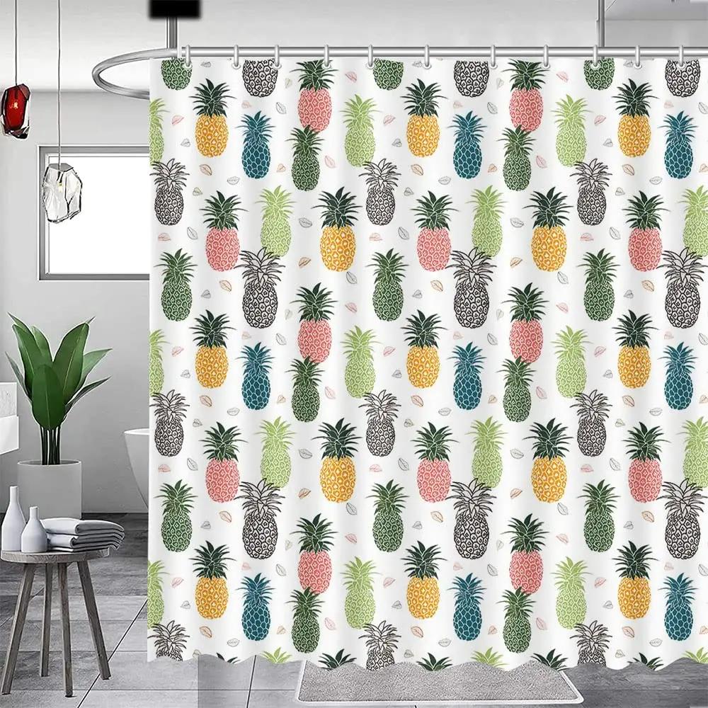 Pineapple Fruit Tropical Shower Curtain For Bathroom Decor Summer Green Leaves Blue Yellow Printed Fabric Waterproof With Hooks