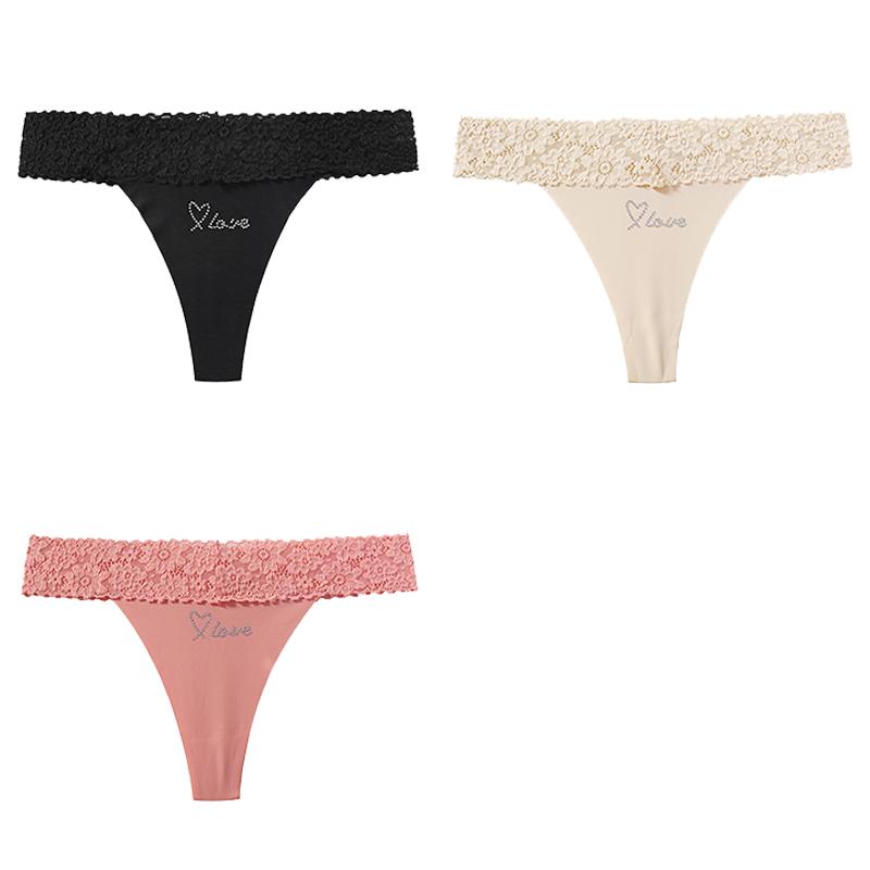 CINOON 3 Stück/Los Damen Sexy Niedrig geschnittener Tanga Spitze am Bund Nahtloser Slip Einfarbiger Leichter Atmungsaktiver Tanga