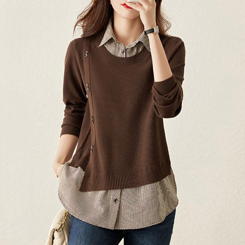 

Свитер-блузка из двух частей, с воротником блузки, свитер, одежда на весну и осень, в западном стиле, полосатая базовая рубашка M кофейный