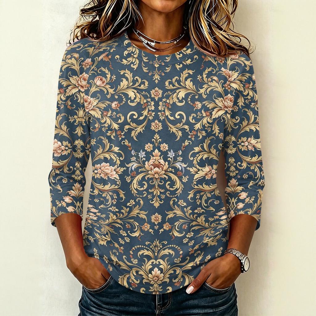 Women's Casual Floral Print Raglan Sleeve Round Neck Three-Quarter Sleeve Pullover T-Shirt