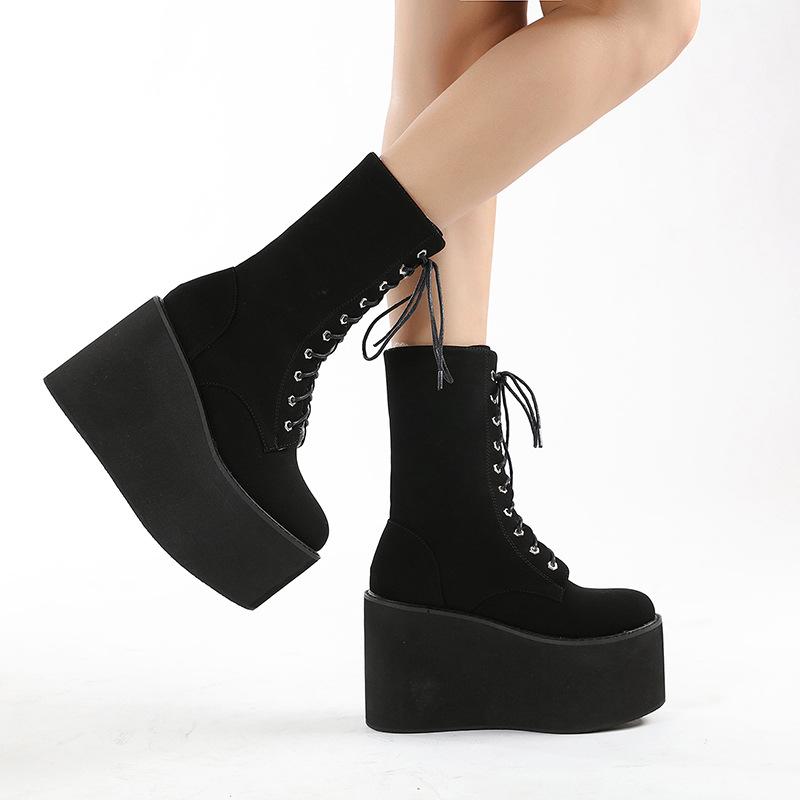 Thick-soled Muffin Women's Boots Front Lace-up Tall Tube Round Head Martin Boots Wedge Heel Solid Color Autumn Women's Boots
