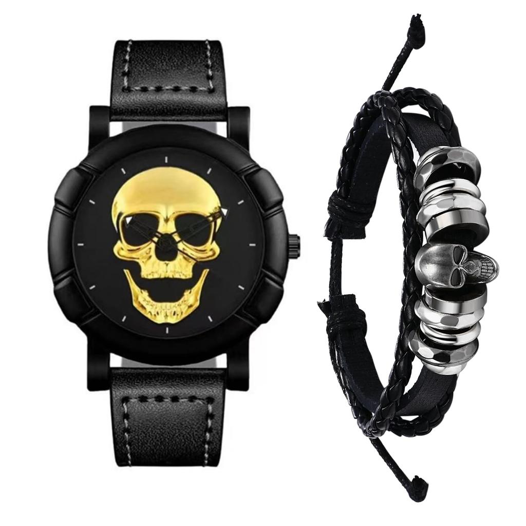 Skull Watch Bracelet for Rock Accessory Halloween Gift Men, 2-Piece Set, Punk, Skull, Leather, Strap, Analog, Waterproof, Black, Gothic, -