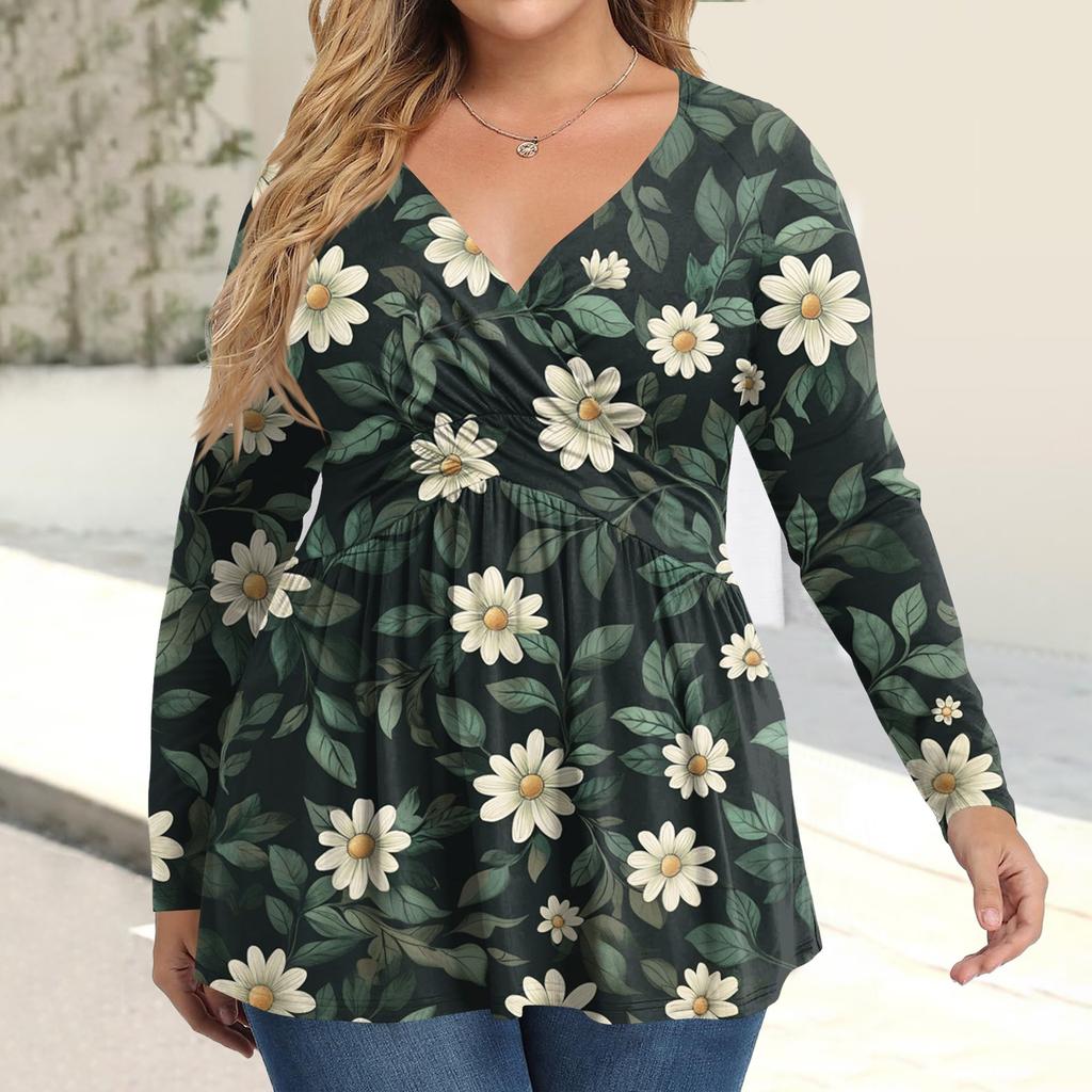 Women's Plus Size Shirt Long Sleeve  Print Top Pleated Casual V-Neck Top