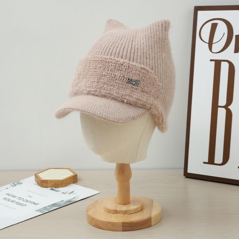 Winter Cat Ear Hat for Women with Plush Velvet Thickened Cold Proof Wool Hat Warm Ear Protection Knitted Casual Versatile Baseball Cap