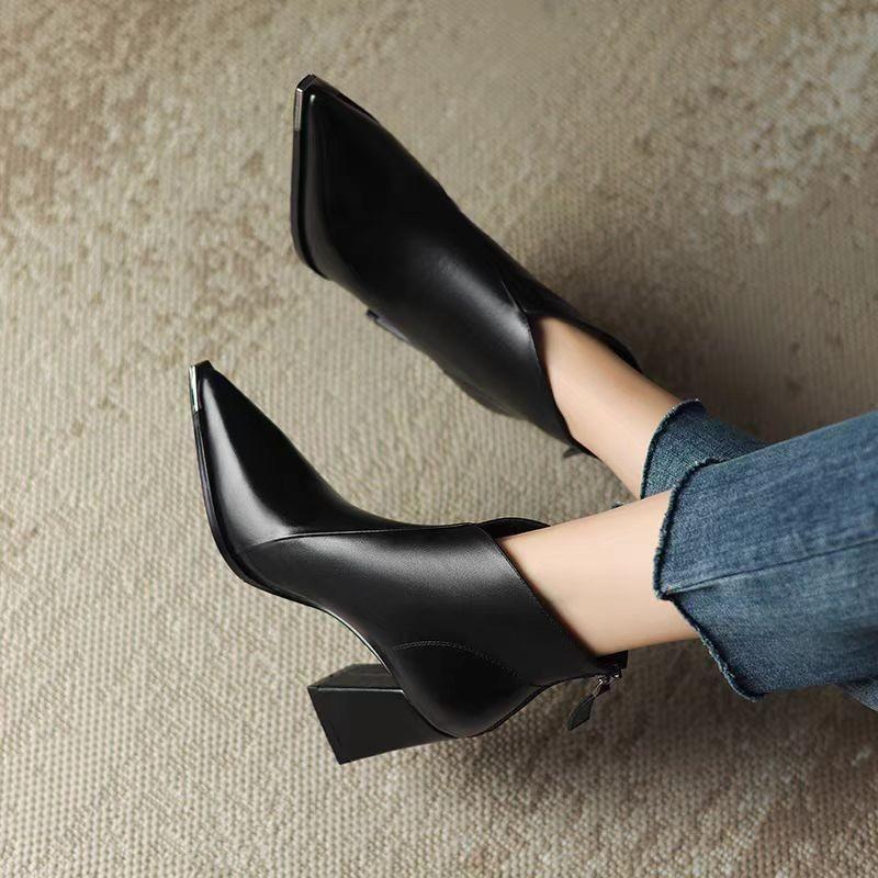 Coarse Heel Pointed Short Boots Women's Autumn and Winter New Versatile Anti-collision Metal Iron Head Soft Leather High Heel Thin Fashion Boots