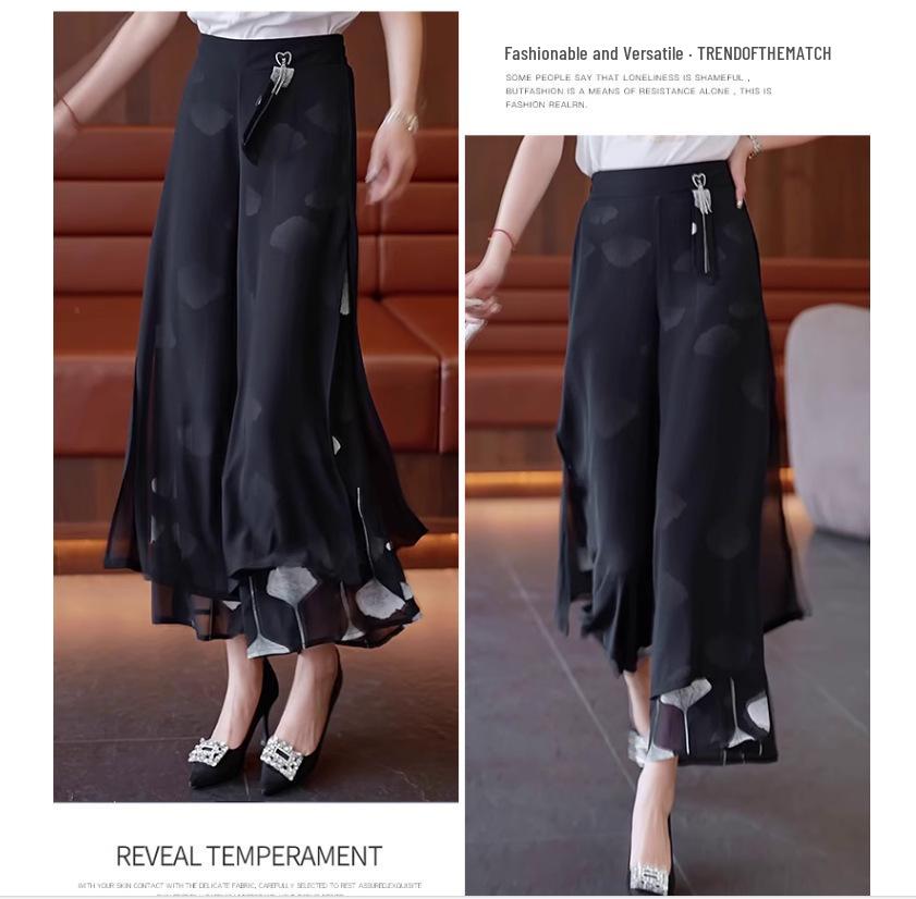 Women's Summer Chiffon Wide-Leg Culottes: High-Waisted, Split, Loose, Slimming, Nine-Tenths Length.